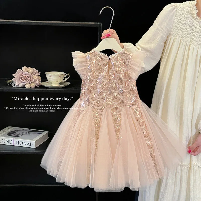 Girls Dress 2025 Summer New Children Elegant Princess Dress Baby Fashion Mesh Flying Sleeve Tank Top Dress