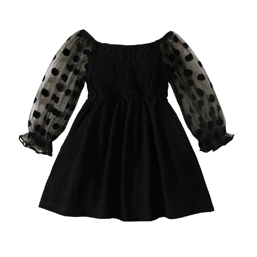 Kids Girl Fashion Party Dress Black Poka Dotted Tulle Long Sleeve Dress Spring&Autumn A-line Dress for Toddler Girl 1-6 Years