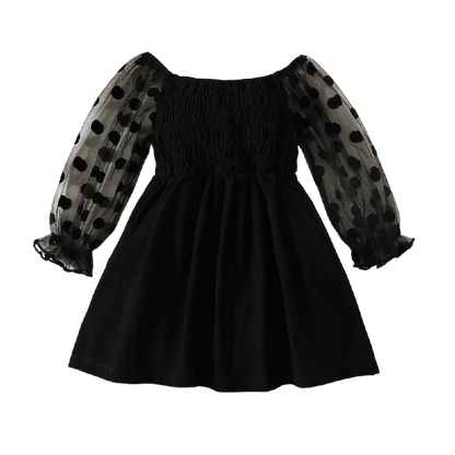 Kids Girl Fashion Party Dress Black Poka Dotted Tulle Long Sleeve Dress Spring&Autumn A-line Dress for Toddler Girl 1-6 Years