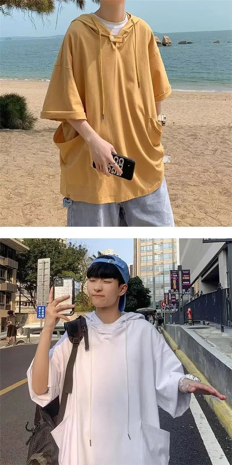 Summer Men's Short-sleeved Sweatshirt with Hat High Street Trend New T-shirt Half-sleeved Hooded Denim T-shirt