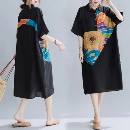 Women Summer Clothing 2025 New Style Literary Splicing Loose Printed Button Splicing Shirt Dress