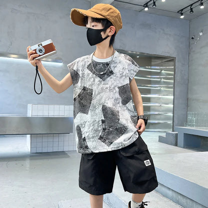 Boys Summer Clothing Sets Sleeveless Top + Shorts Two Pieces Soft Cotton Outfits for Kids Child Age 5 6 7 8 9 10 11 12 13 14 Y