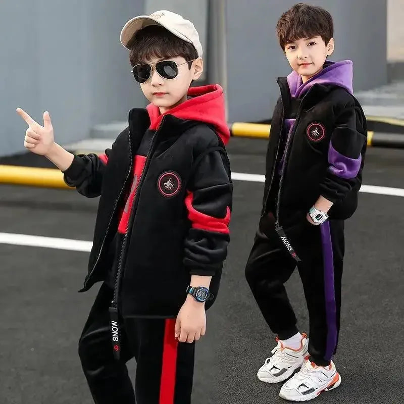 2023 winter Boys tracksuit Autumn Toddler Teenager Clothes vest velvet jacket + Sweatishrt hooded + Pant Children Kids 4 12 year