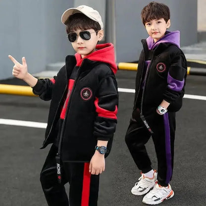 2023 winter Boys tracksuit Autumn Toddler Teenager Clothes vest velvet jacket + Sweatishrt hooded + Pant Children Kids 4 12 year