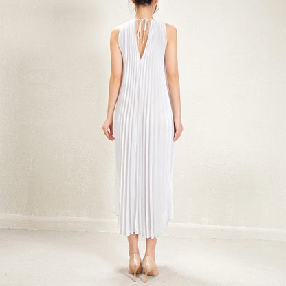 Summer Dress for Women Front and Back V-neck Solid Color Sleeveless Miyake Pleated Loose Casual Fashion Elegant Dress