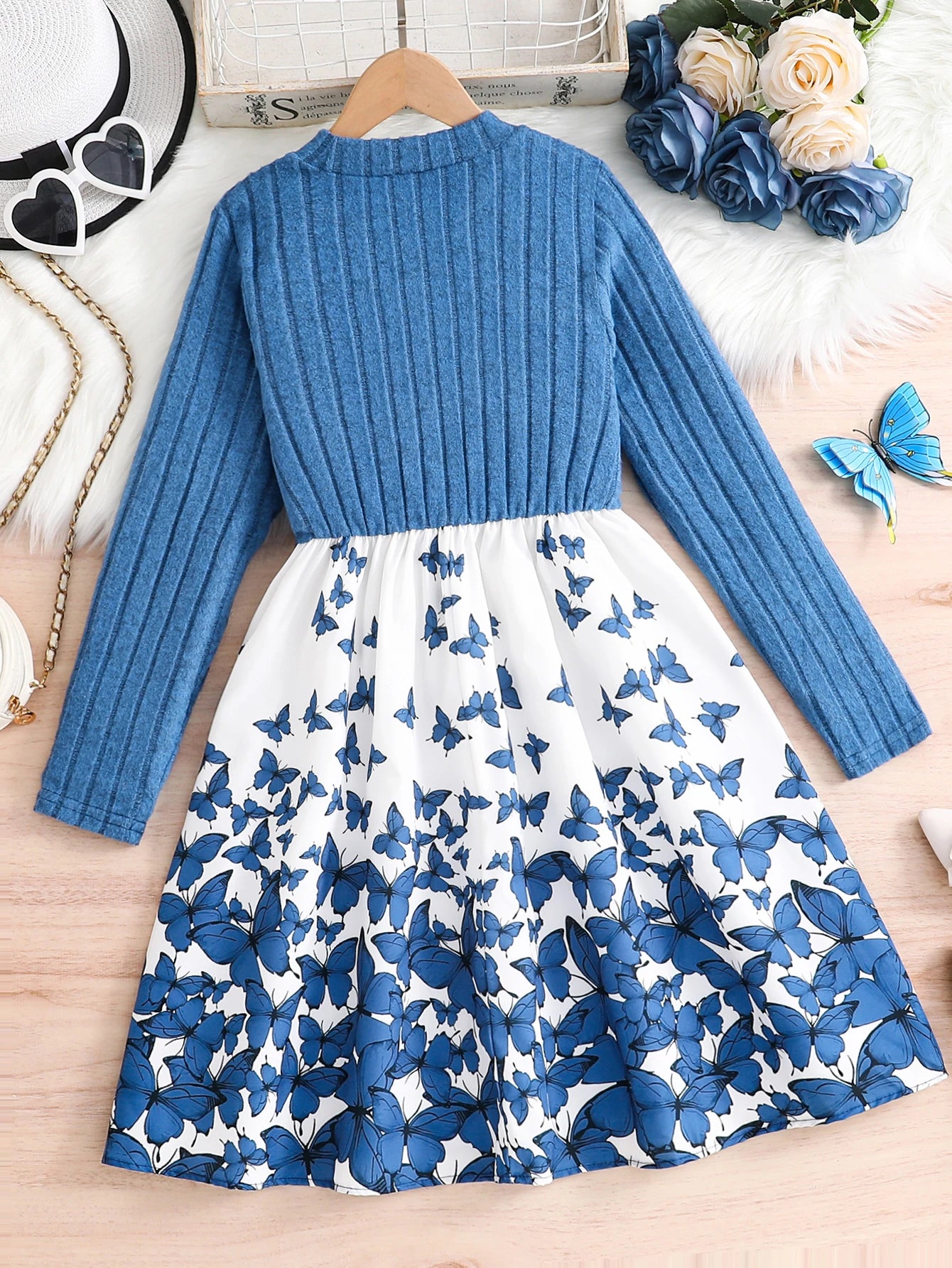 Autumn and Winter New Girls Casual Dress Solid Color Double Matching Printed Dress 8-12Y