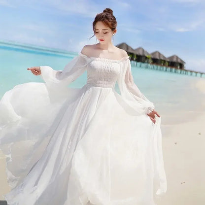 Dresses for Women Summer New Chiffon off-Shoulder Dress White Dress Vestido De Mujer