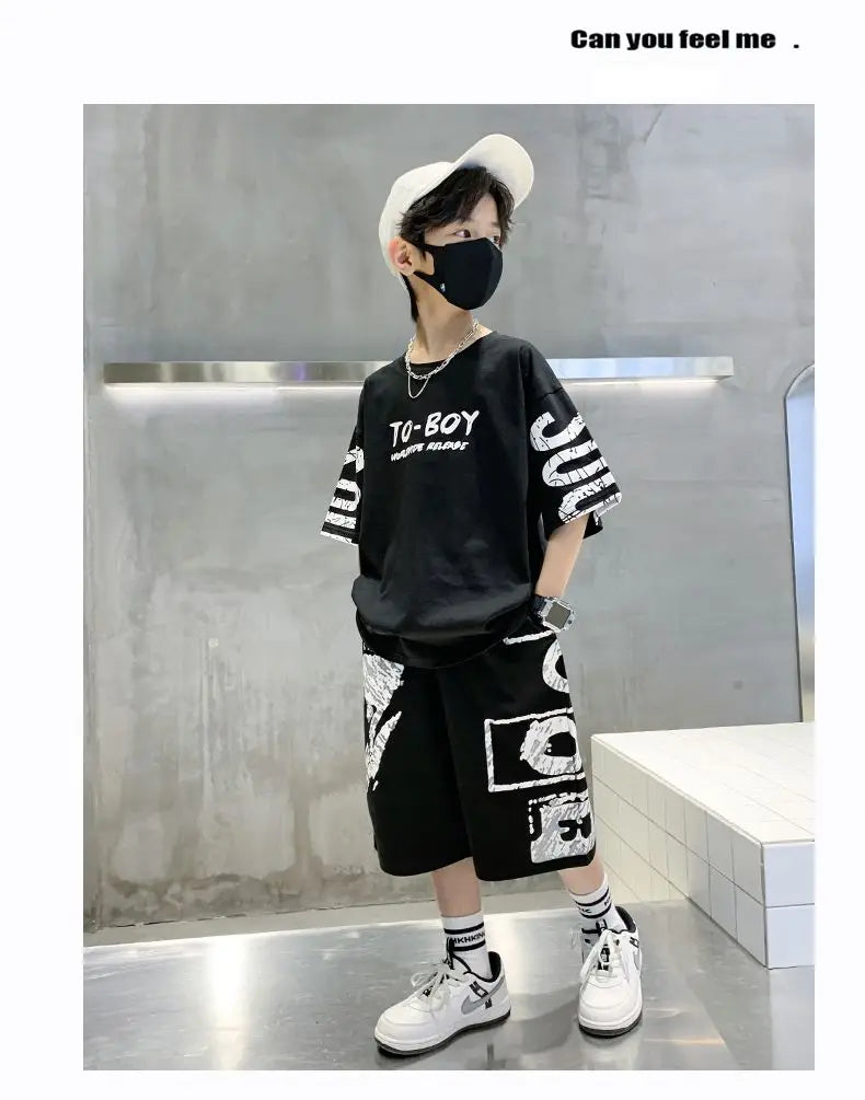 Boys Summer Trendy Casual Sports 2pcs T-shirts+Pants Suits 3-14 Years Teenage Boys Hip Hop Style Fashion Outfits Clothes Sets