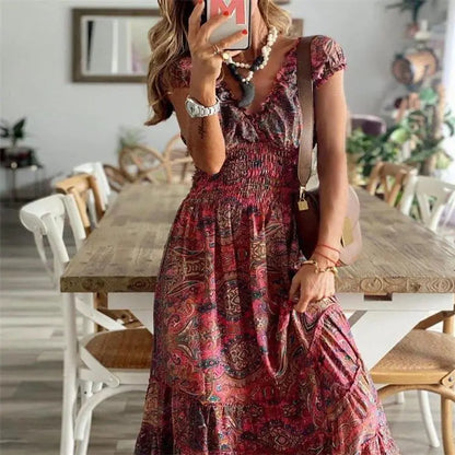 Women's Summer New Ethnic Style Printed Dress  Short-sleeved Waist Dress Fashionable Floral Petal Sleeves Large Hem A-line Dress