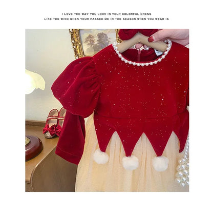 Winter Bow Sequin Dress for Girls' 2025 New Fashion Baby Red Christmas Dresses Velvet Patchwork Mesh A-line Princess Dress