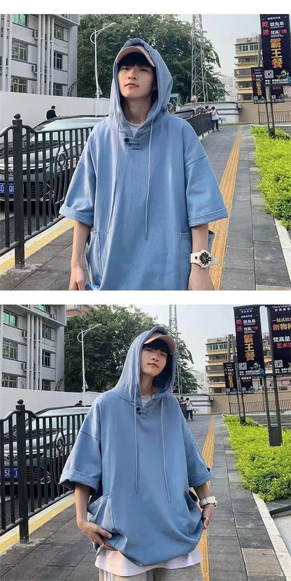 Summer Men's Short-sleeved Sweatshirt with Hat High Street Trend New T-shirt Half-sleeved Hooded Denim T-shirt