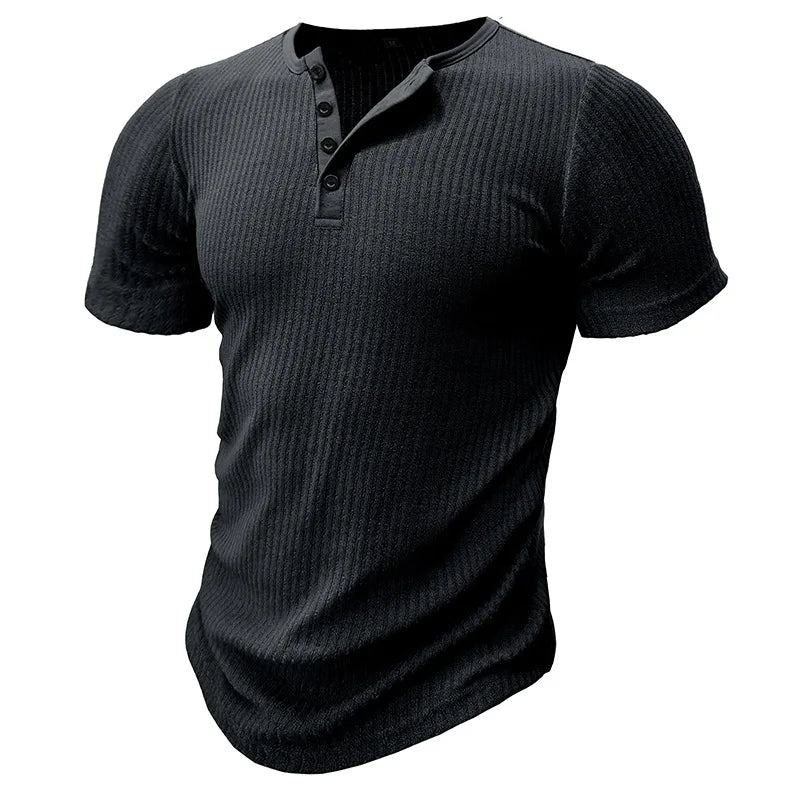 Summer Trend Men's Short Sleeve Casual T-Shirts Solid Henley Neck Button Up Pullover Tops Spring Turn Down Collar Basic Shirt