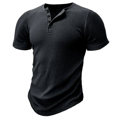 Summer Trend Men's Short Sleeve Casual T-Shirts Solid Henley Neck Button Up Pullover Tops Spring Turn Down Collar Basic Shirt