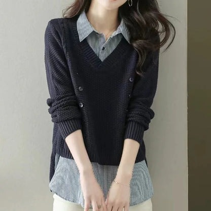 New Fake Two Piece Top Knit Sweater Women's Splice Shirt Collar Spring Autumn  Korean Loose Long Sleeve Sweater Female Pullover