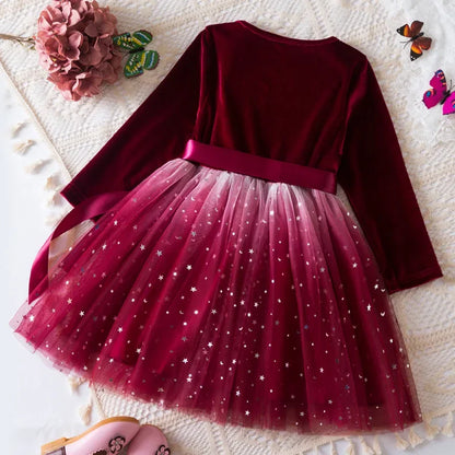 Girl Party Princess Dress Autumn Winter 3-8Y Children Christmas New Year Velvet Top Gradient Stars Mesh Bow Dres