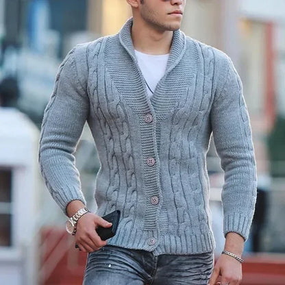 Autumn Winter Men's Warm Knitted Sweater Solid Single-breasted Twisted Texture Cardigan Lapel Slim Buttoned Thick Sweater Male