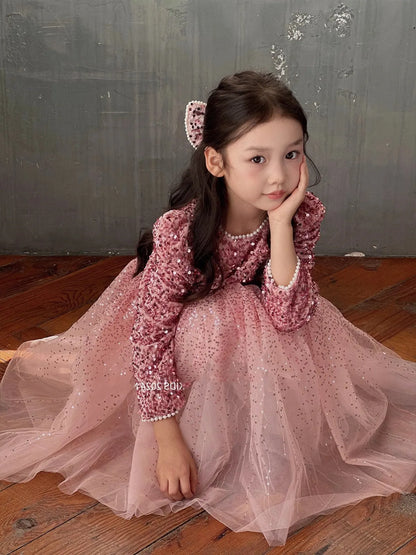 Girls' Dress with Bright Opening Veil and Thick Velvet, Super Fairy Princess Dress, 2025 Winter Clothing New Children's Clothing