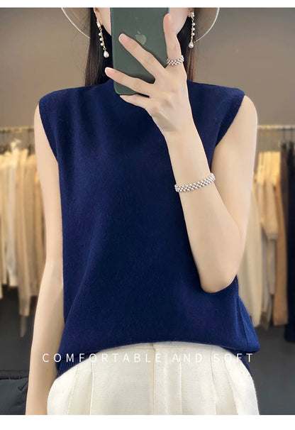2024 Cashmere Vest Women's 100% Merino Wool Pullover Indoor Sleeveless Sweater Half-turtleneck Office Tops Waistcoat