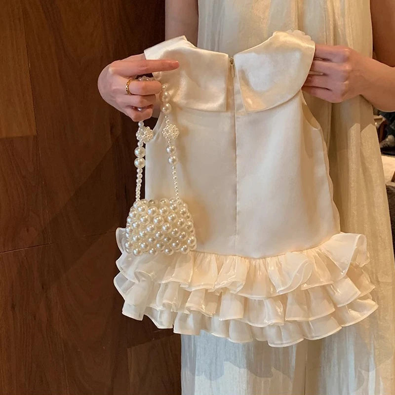 Baby Girls Dress for Birthday Party Wedding Lace Big Bow Dresses Infant Girl 1st Birthday Baby Set Princess Beige Baptism Dress