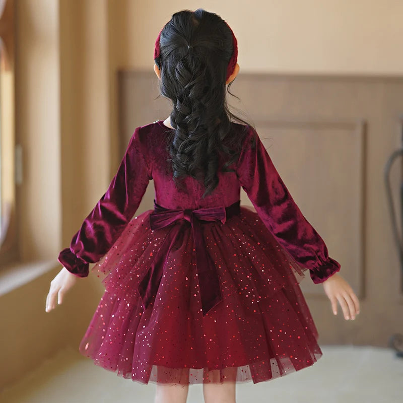 Girls' Autumn/Winter fleece dresses wine red elegant mesh shaggy dress Christmas Long Sleeve Gown