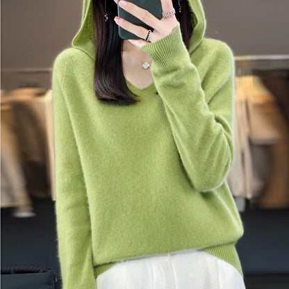 2024 100% Merino Pure Wool V-neck Hoodie Autumn/Winter Hoodie New Cashmere Sweater Women's Casual Knitted Top DMR207