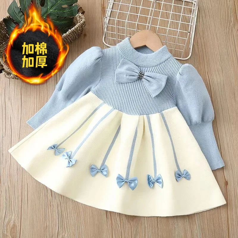 Girls' Sweater Skirt Sweaters Long Dress2025Autumn and Winter New Bow Sweet Princess Dress