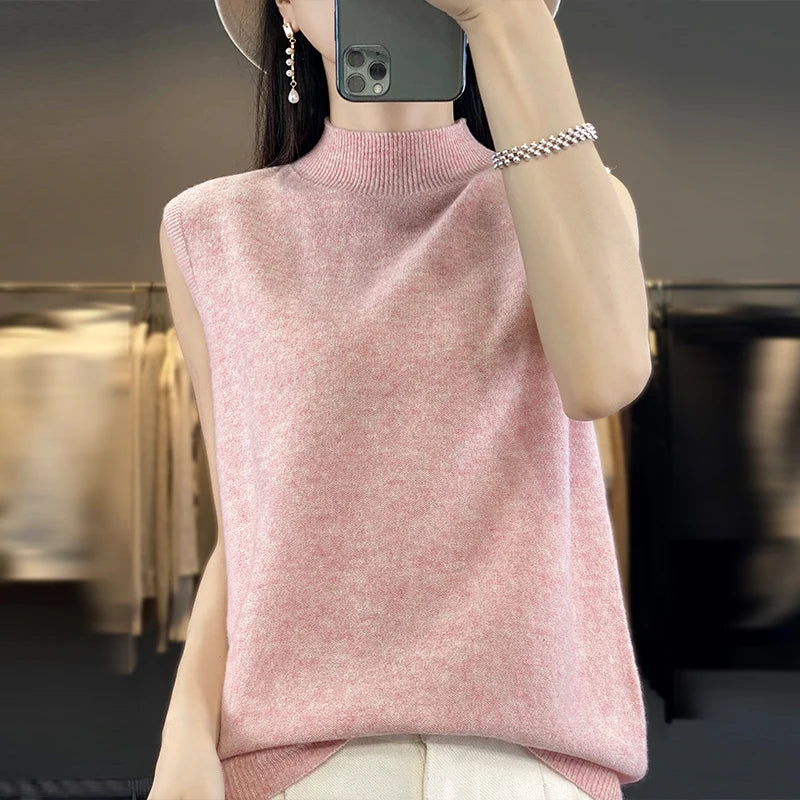 2024 Cashmere Vest Women's 100% Merino Wool Pullover Indoor Sleeveless Sweater Half-turtleneck Office Tops Waistcoat