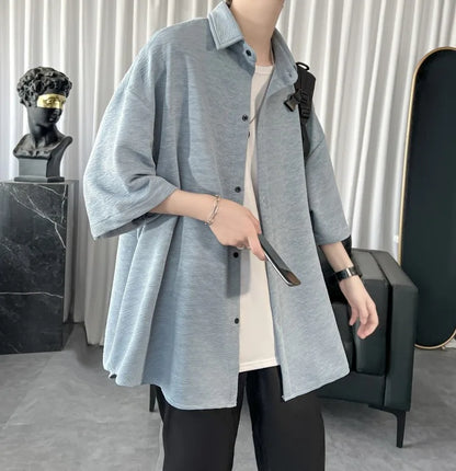 Summer Cool Men Short-sleeved Shirt Solid Color Fashion Plicated Casual Loose Button Shirt Male Clothing Tops