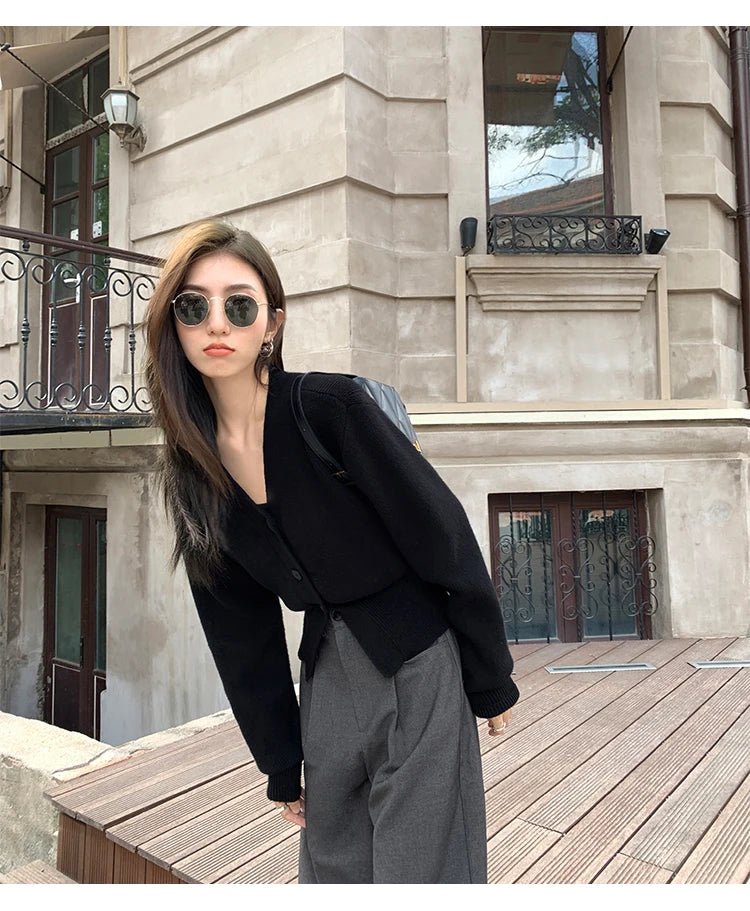 Zjaiss 2025 Autumn Winter Elegance Solid Color V-neck Sweater Knitted Casual Cardigan Unique And Niche Slim Fit Tops