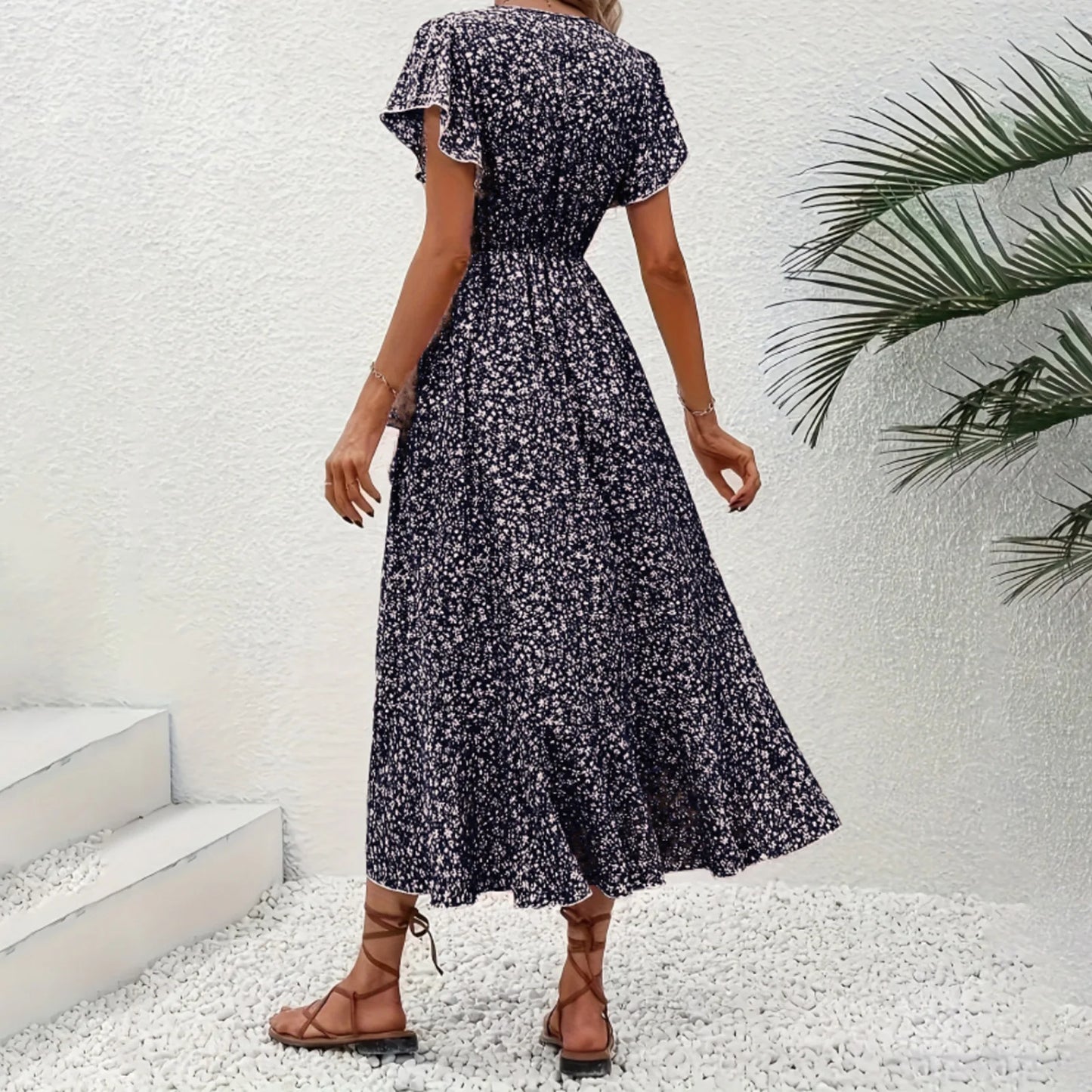 Women's Summer Flower Print Ruffle Dress Fashion 2025 Elegant Short Sleeve Wrap V Neck Tie Side Dresses