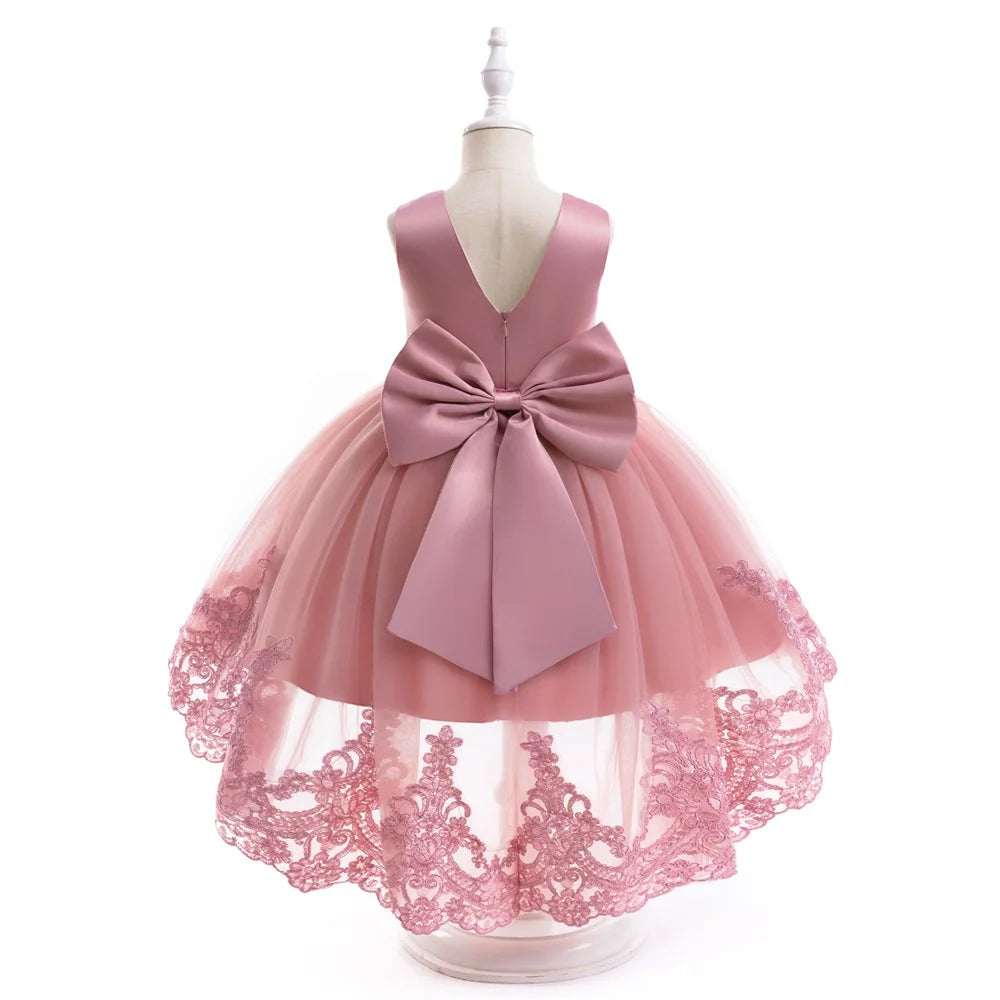 Trailing Party Dresses For Girl Pink Flower Bow Wedding Bridesmaid Girls Dress Elegant Tulle Birthday Princess Evening Prom Gown