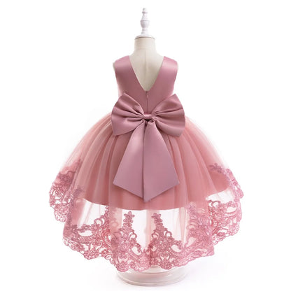 Trailing Party Dresses For Girl Pink Flower Bow Wedding Bridesmaid Girls Dress Elegant Tulle Birthday Princess Evening Prom Gown