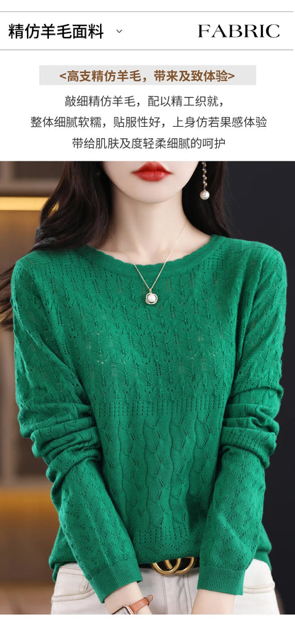 Worsted Wool Sweater Women's Spring 2023 New Western-Style Solid Color Round Neck Top With Long Sleeve Bottom Hollowed-Out Thin