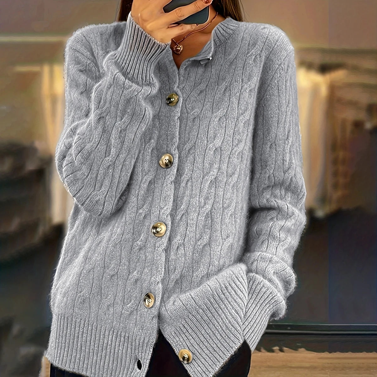 Winter Clothes Woman Light Gray Cable Knit Cardigan Button Front Pocket Detail, Ideal for Casual Outings Cozy Styles