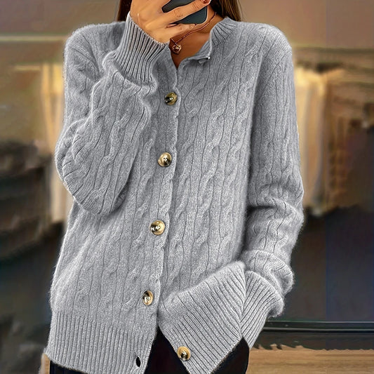 Winter Clothes Woman Light Gray Cable Knit Cardigan Button Front Pocket Detail, Ideal for Casual Outings Cozy Styles