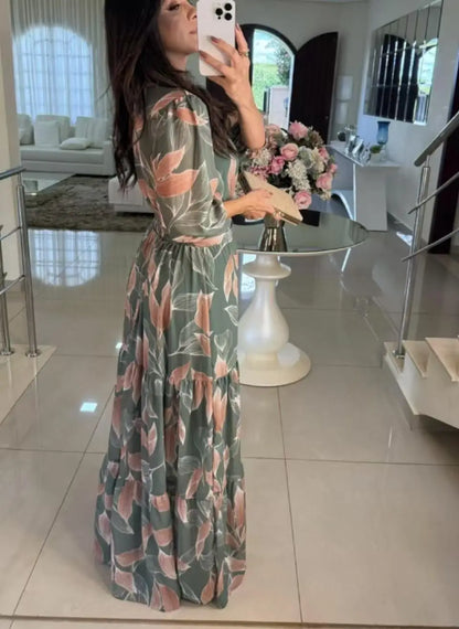 Summer Women Dresses Floral Print Ruffles Boho V-neck Short Sleeve Casual Loose Beach Dress Elegant Holiday Maxi Long Dress Robe