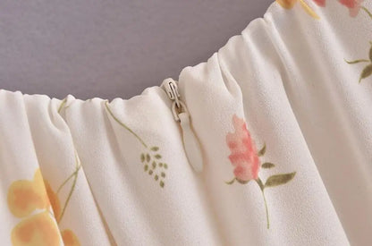 Summer Retro Elegant Elastic off Shoulder Long Dresses France Beige Floral Print Vintage Back Zipper Women Summer Dress