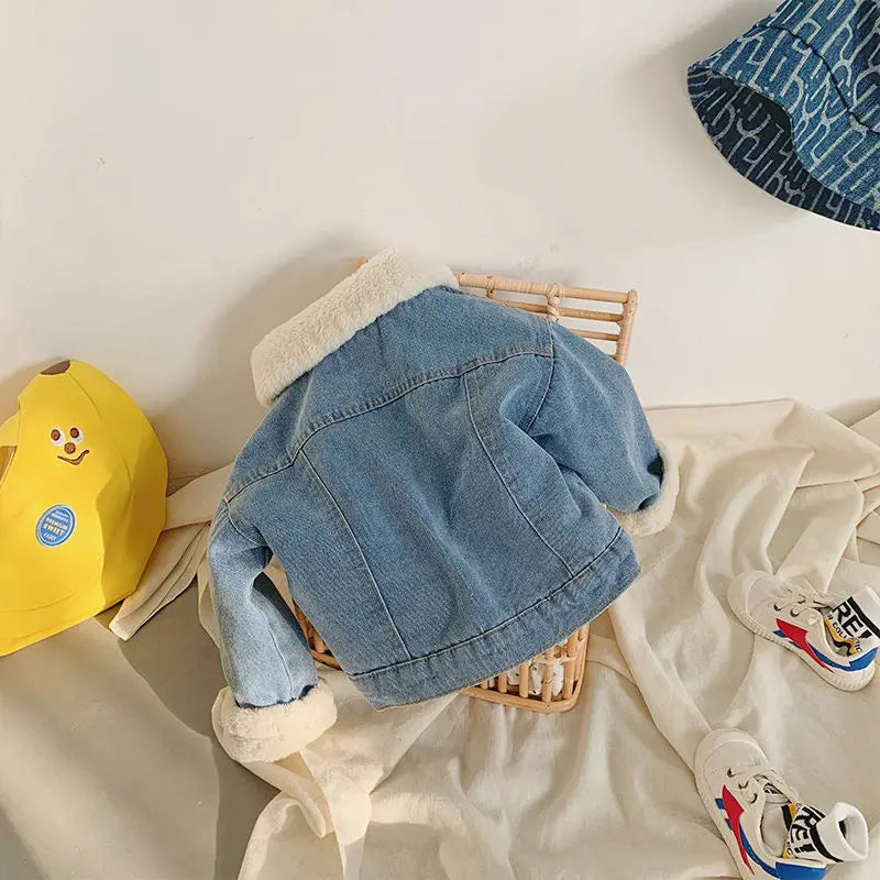 Boys Jacket Autumn and Winter New Children's Baby Plush Thickened Denim Coat  Children's Clothing Kids Winter Coats