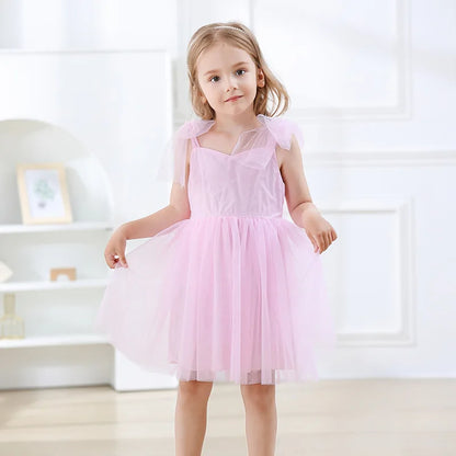 Flower Girl Dresses Pink Tulle Puffy With Bow Sleeveless Toddler Girls Baptism Wedding Birthday Party Dress Leisure Frocks