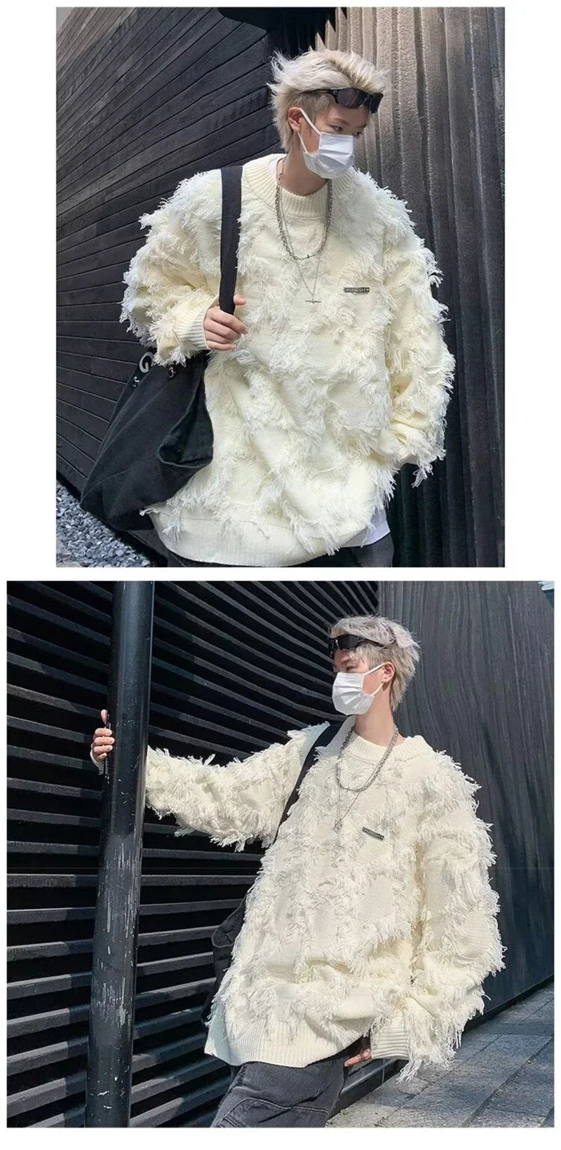 Winter Men's Ripped Fringe Raw Edge Sweater Hip Hop Fashion Knitwear Pullovers Y2K Vintage Streetwear Knitted Jersey Clothes