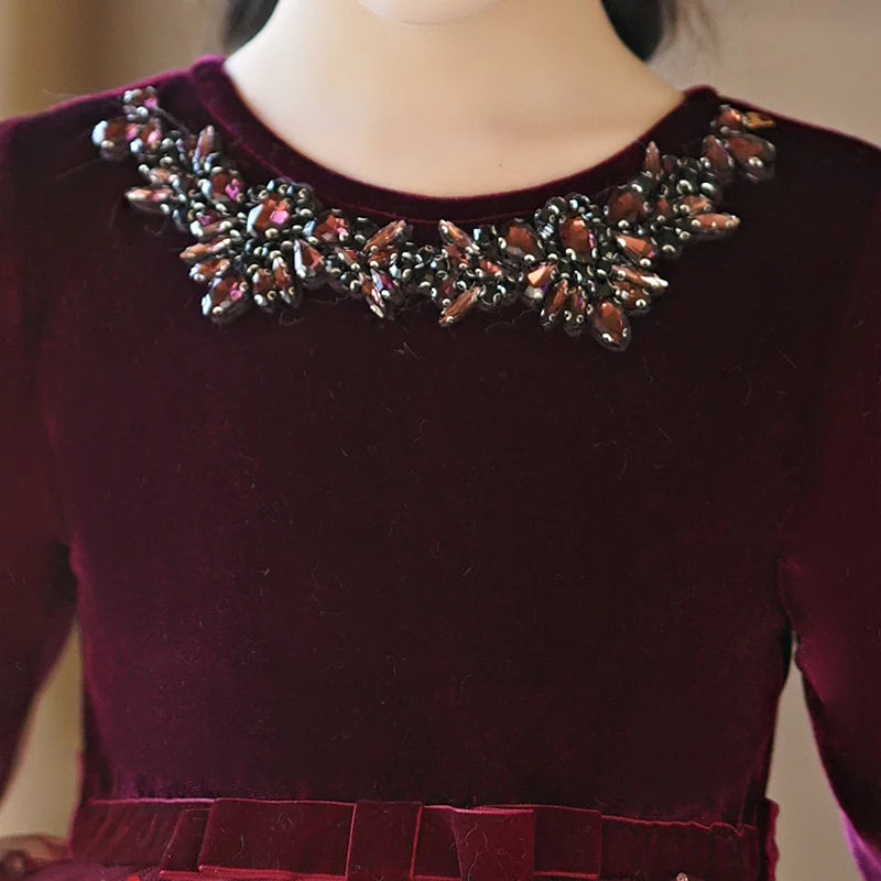 Girls' Autumn/Winter fleece dresses wine red elegant mesh shaggy dress Christmas Long Sleeve Gown