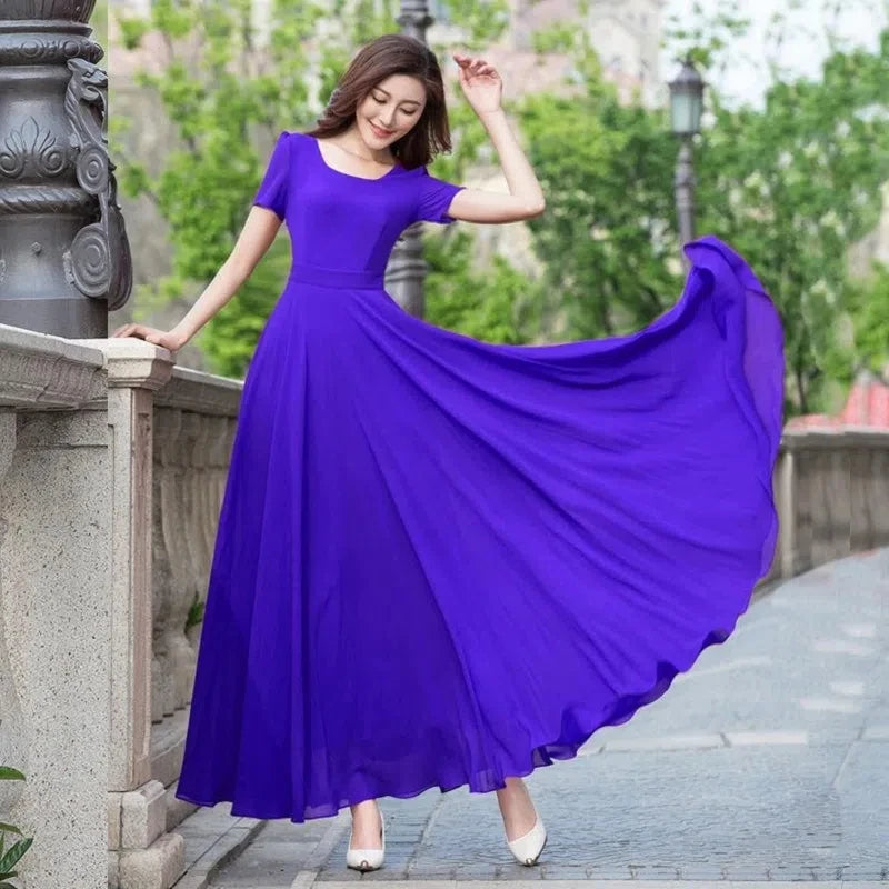 Summer Dress Women 2025 New Bohemian Beach Long Chiffon Dress Elegant Ladies Short Sleeve 5XL Sundress Women's Clothing Vestidos