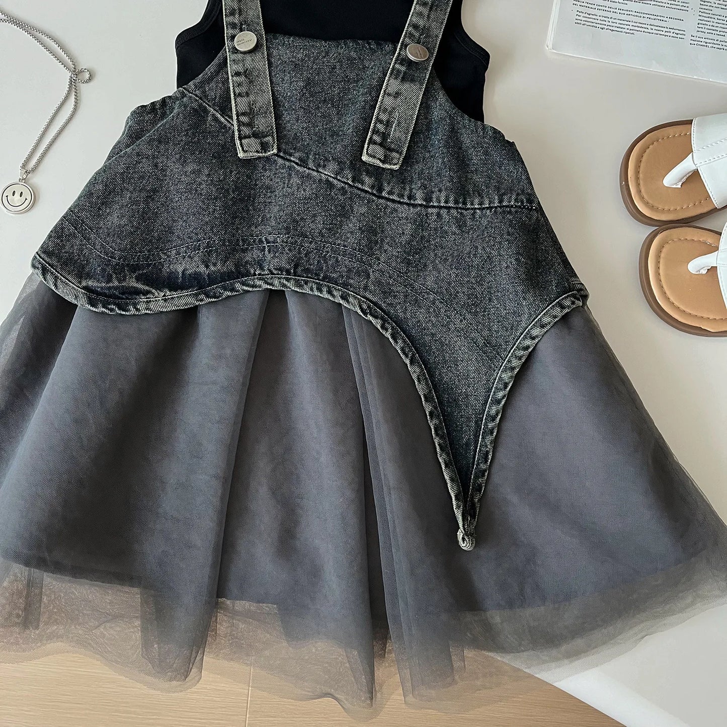 Girls Summer Dress 2025 New Summer Strap Dress Children Princess Denim Fashion Yarn Patchwork Dress