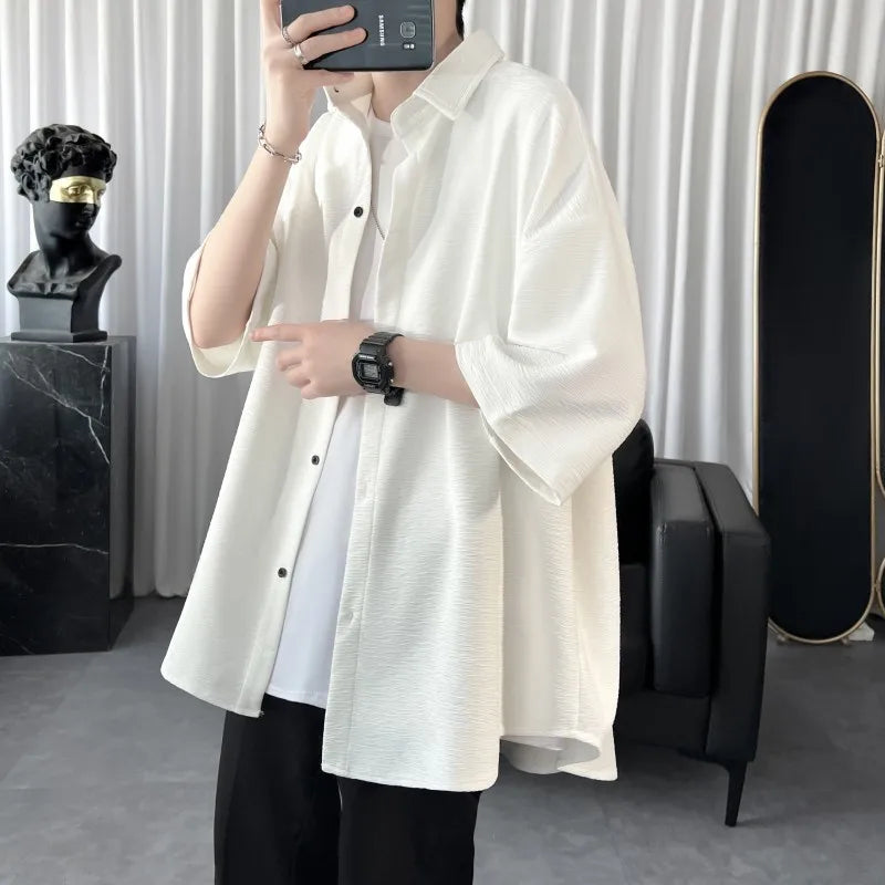 Summer Cool Men Short-sleeved Shirt Solid Color Fashion Plicated Casual Loose Button Shirt Male Clothing Tops