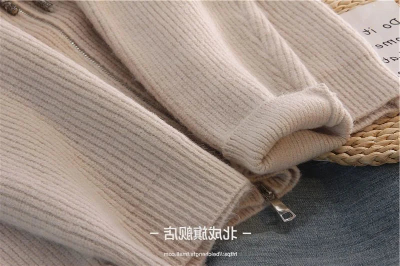 Women Cardigan Sweater Coat Hooded Fashion Solid color Sweater Female  zipper Knitted Spring Autumn Oversize Sweater Overcoat