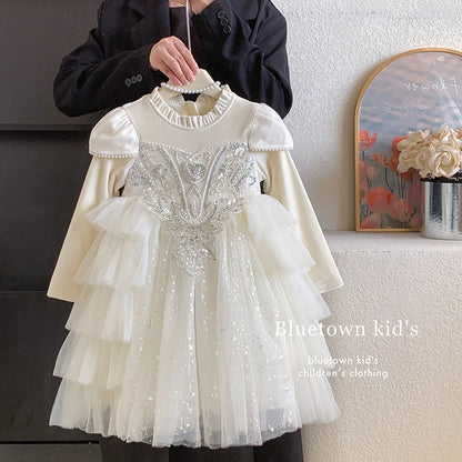 Girls' Winter Dress Light Luxury High End Birthday Banquet Performance Flower Girl Sleeve Thickened Skirt Plush Princess Dress