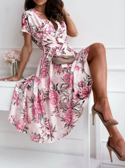 Summer Women's Fashion Flower Print Short Sleeved Dress Elegant V-neck Button Belt Leisure Vacation Dress