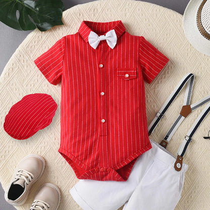 Baby Boys Summer Short Sleeve Lapel Bow Tie Romper with Suspender Shorts Beret Christening Birthday Wedding Party Gentlemen Suit