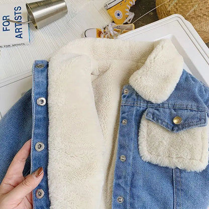 Boys Jacket Autumn and Winter New Children's Baby Plush Thickened Denim Coat  Children's Clothing Kids Winter Coats