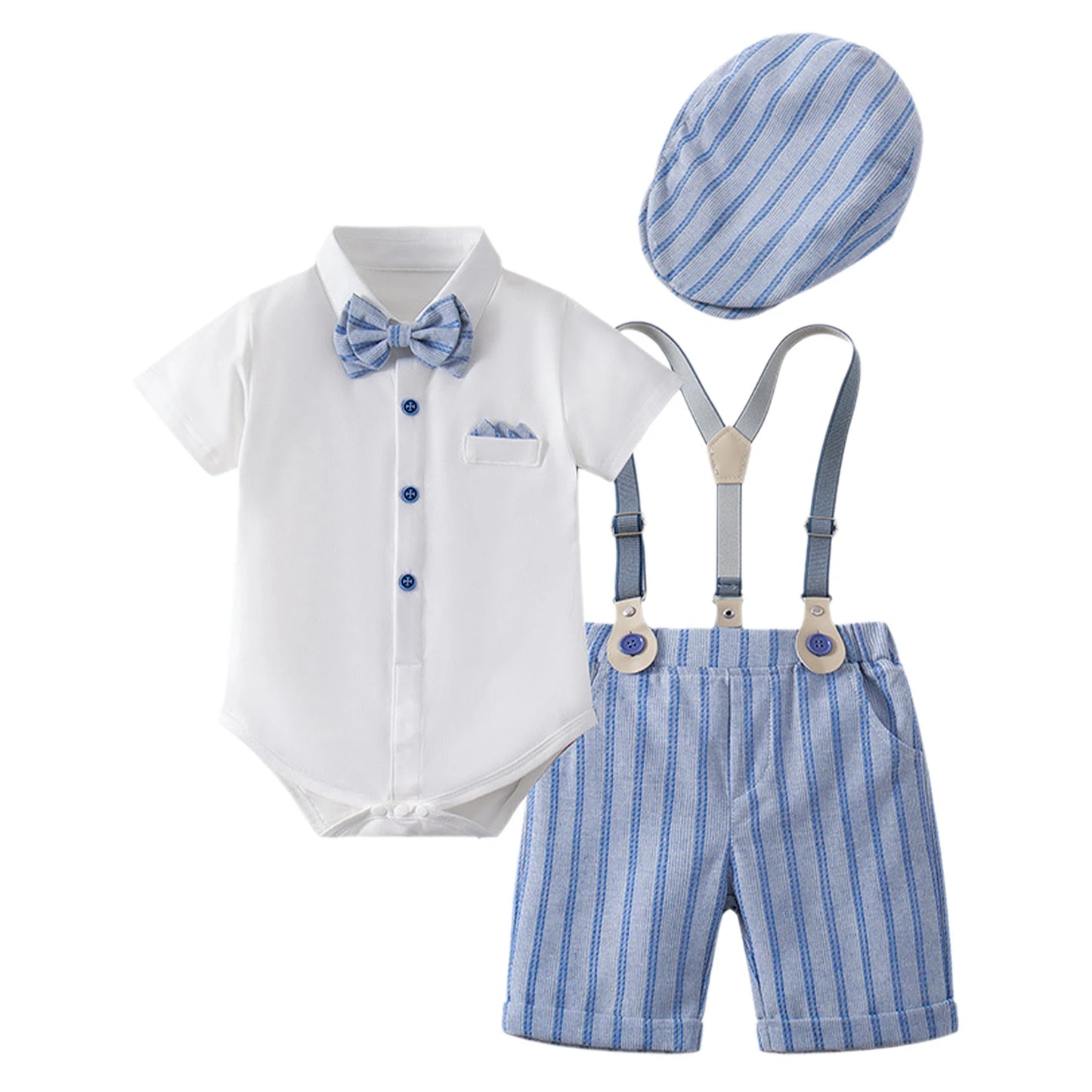 Baby Boys Summer Short Sleeve Lapel Bow Tie Romper with Suspender Shorts Beret Christening Birthday Wedding Party Gentlemen Suit